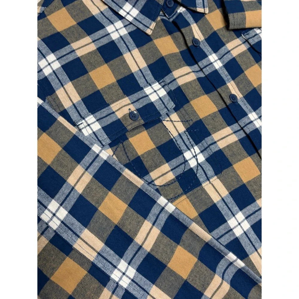 True Religion Mens LS Utility Plaid Shirt Blue Tan Flannel Large 104774 7233